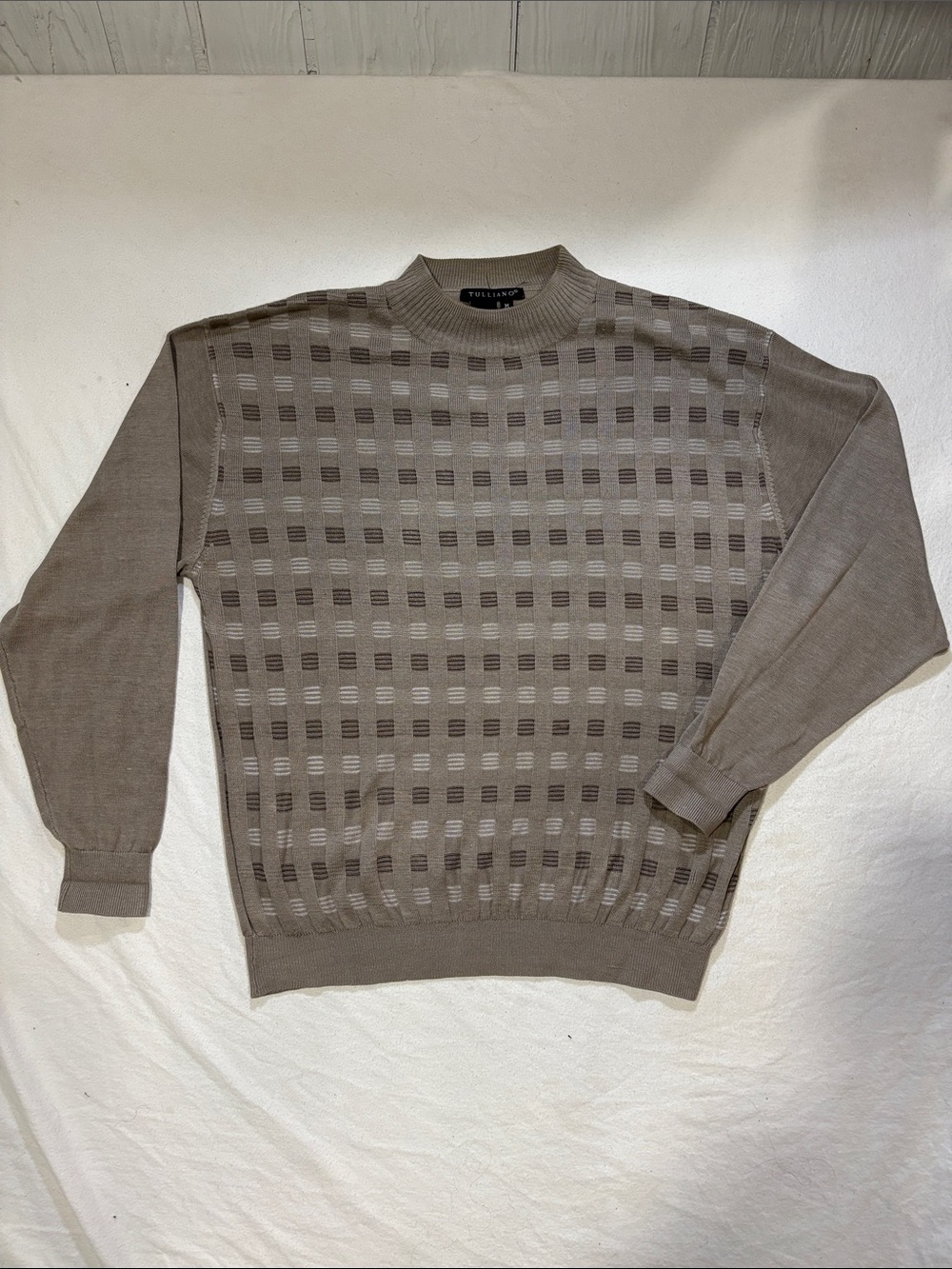 Tulliano Taupe Beige Geometric Checkered Mock Neck Silk Blend Sweater - Size M